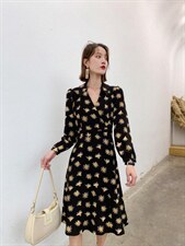 秋冬新款翻领花色图案印花连衣裙，女装连衣裙，荷塘月色