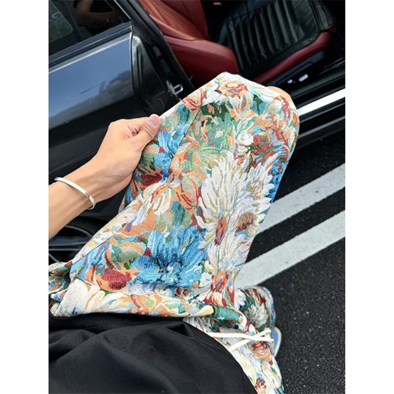 油画彩绘花卉短裤男款夏外穿高级感痞帅五分裤子宽松休闲沙滩裤衩,男装牛仔裤,星座1116A（原606A-3）