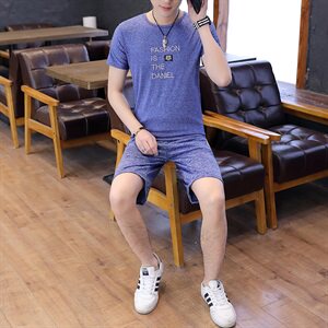 2021夏新款印花T恤宽松短袖休闲五分裤男士学生套装男T732-P20图片