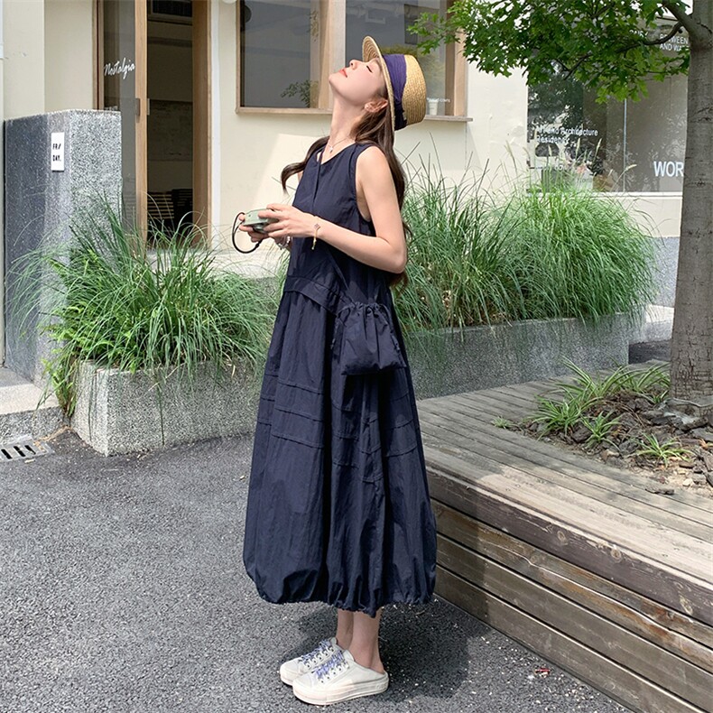 藏青色无袖连衣裙女夏2025新款学院风超火爆款减龄花苞灯笼背带裙,女装连衣裙,浙宝220