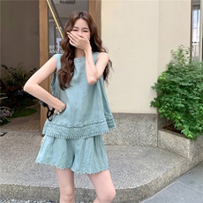 2025夏季新款时尚套装女蕾丝拼接无袖背心上衣高腰显瘦阔腿裤套装，女装套装/套裙，2B237