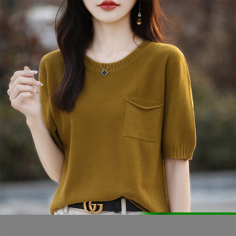 女圆领T恤纯色复古宽松文艺休闲纯棉线针织短袖大码全棉半袖上衣,针织衫/毛衣,斯美雅电商供货
