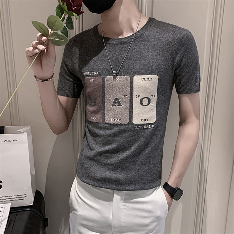 灰色2022精神小伙修身男士冰丝针织短袖T恤潮T085-P48控68,男装T恤,电商A108