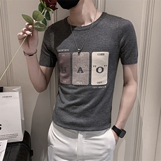 灰色2022精神小伙修身男士冰丝针织短袖T恤潮T085-P48控68，男装T恤，电商A108