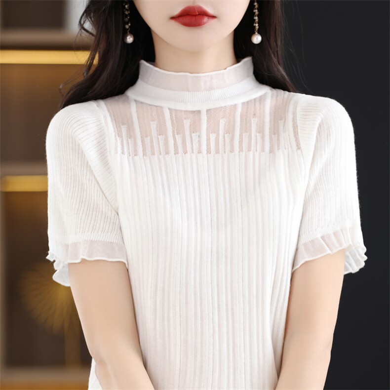 优雅蕾丝边仿羊毛短袖针织衫精致半高领设计展现女性魅力,针织衫/毛衣,桦兴羊绒