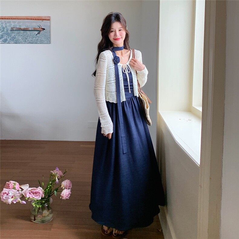 温柔风藏青色巨好看的掐腰连衣裙女2025夏季新款气质显瘦吊带长裙,女装套装/套裙,2C271