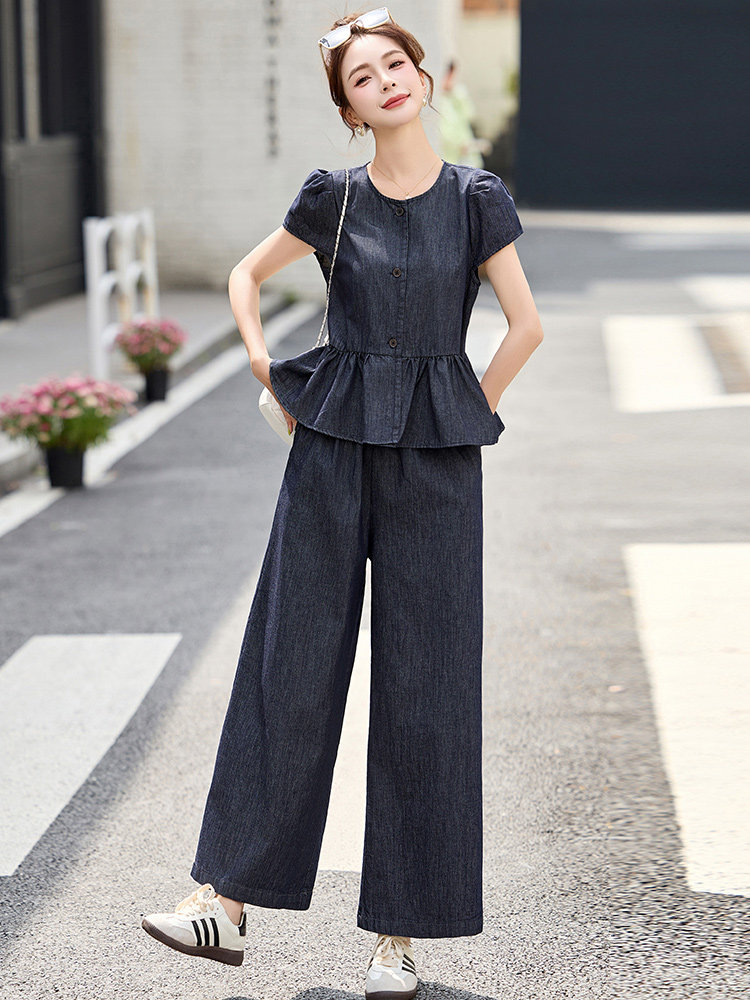 2025夏季水洗牛仔色休闲潮三件套裙减龄今年流行的女装套装,女装套装/套裙,众宇琦