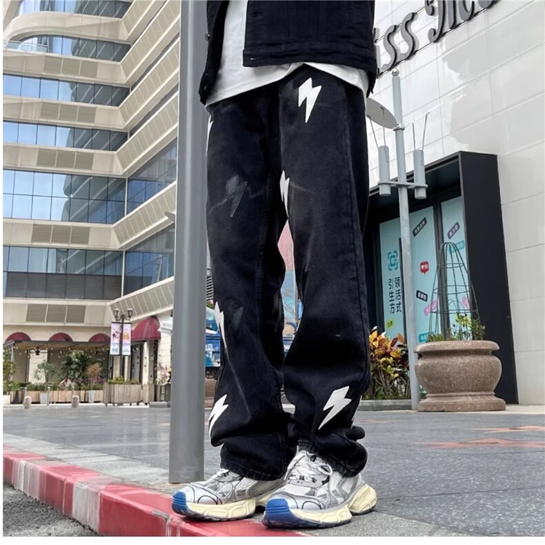 美式闪电神裤女男款牛仔裤宽松直筒长裤男暗夜黑网红闪电裤子,男装牛仔裤,星座218-1（原230）