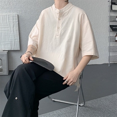 8XL-M中式立领棉麻T恤特大码亨利领亚麻短袖polo衫半袖DX1210/P45，男装T恤，电商B238