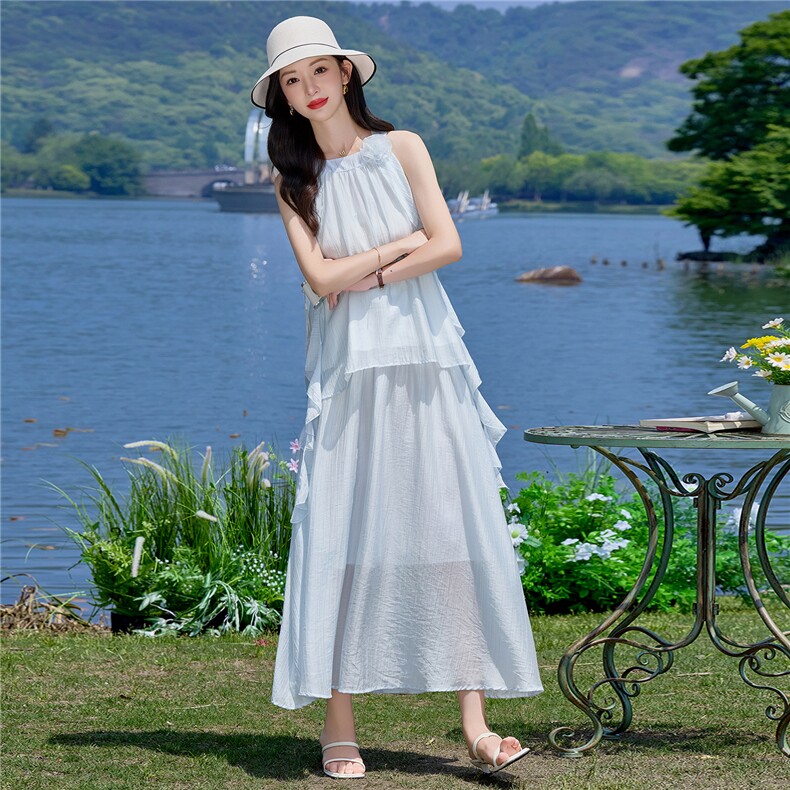 （新款现货）2026夏装时尚挂脖飘带领花上衣+半裙超仙套裙两件套,女装套装/套裙,印象茜