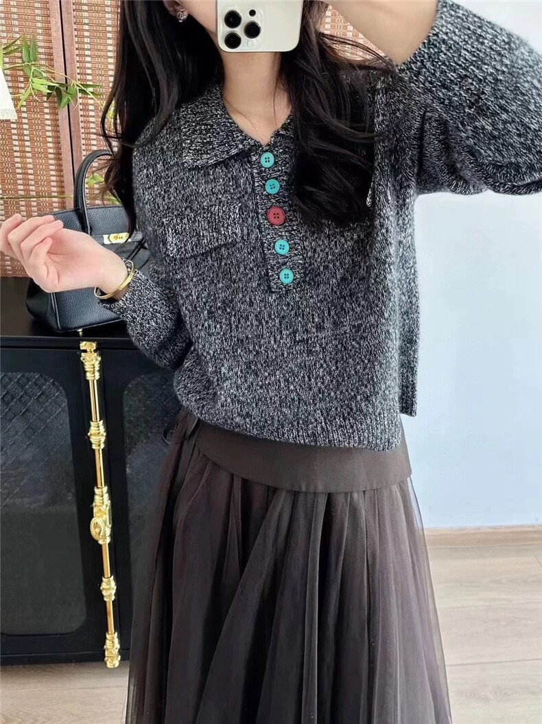衬衫领五粒扣2024年秋季套头长袖纯色羊绒衫,女装羊绒衫,大千羊绒