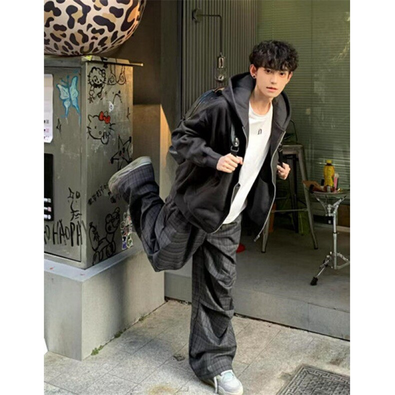 阔腿慵懒风格子裤男女宽松直筒松弛感深灰暗纹褶皱休闲裤 K9G6图片