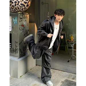 阔腿慵懒风格子裤男女宽松直筒松弛感深灰暗纹褶皱休闲裤 K9G6图片