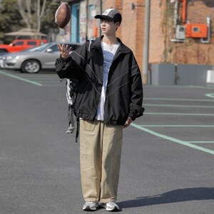 美式潮流休闲运动外套冲锋衣女男宽松纯色薄款春秋装夹克WT30 P85图片