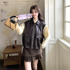 复古风咖色皮衣马甲衬衫套装女2026春新款减龄高级感小个子两件套，女装套装/套裙，艾米莉亚