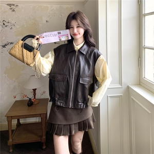 复古风咖色皮衣马甲衬衫套装女2026春新款减龄高级感小个子两件套图片