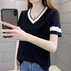 冰丝短袖女夏季2025新款拼色t恤女宽松遮肚上衣时尚洋气黑色体恤，女装针织衫/毛衣，萱芳婷羊绒