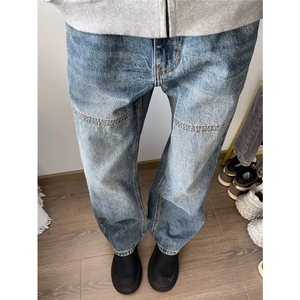 秋季新款高街轻工装结构拼接线显腿长美式复古宽松牛仔裤XK8097图片