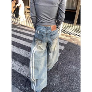 美式复古微喇牛仔裤男春秋cleanfit高街痞帅直筒宽松阔腿长裤子,白色心形裤搭配图片