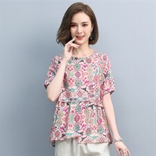2021夏季新款时尚气质圆领宽松休闲舒适花色上衣，女装T恤，悦见她