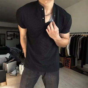 黑色美式亨利领短袖男款夏季显肌肉正肩polo衫高级感健身运动t恤图片