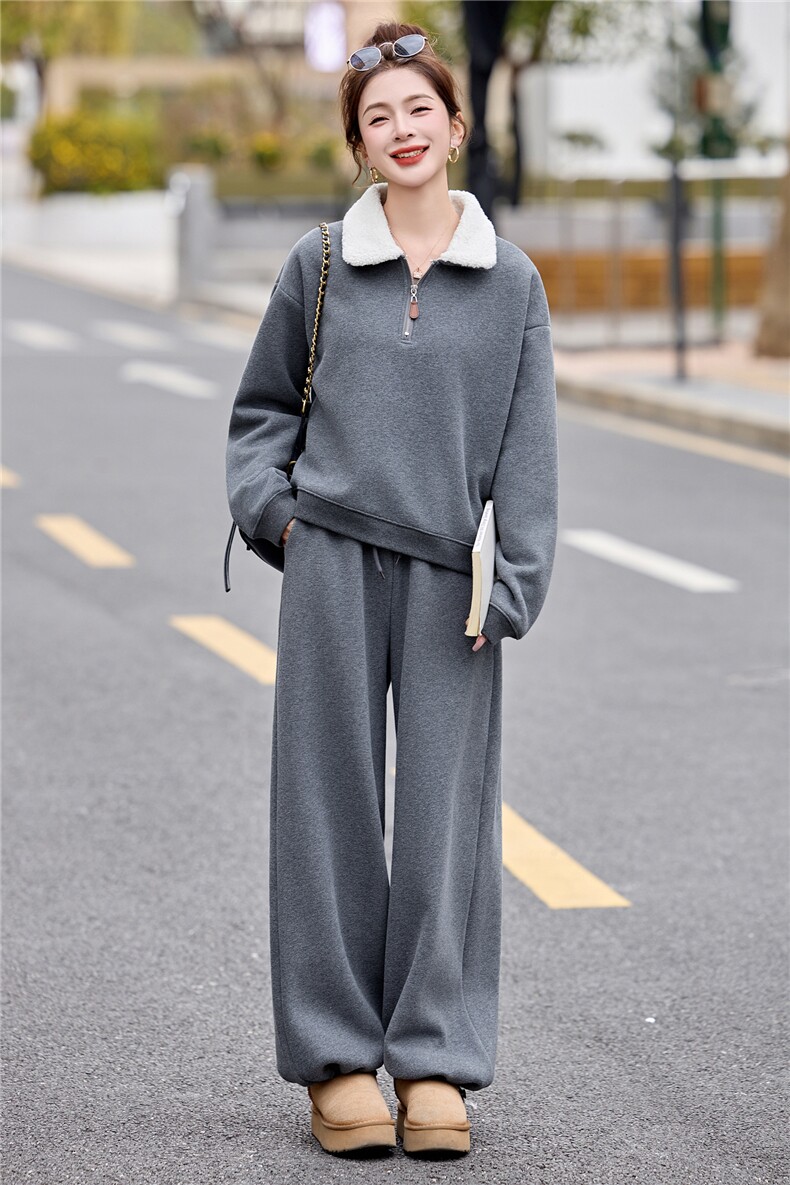 2025冬新款韩版毛毛拼接立领卫衣配加厚松紧腰卫裤套装,女装套装/套裙,瑶迪依秀