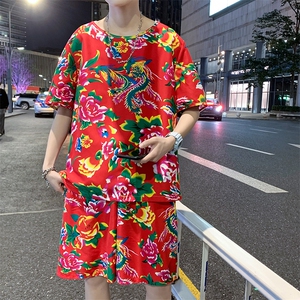 东北大花布衣服套装男春夏季短袖t恤圆领网红短裤休闲洋气时尚潮图片