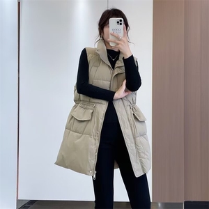 日系无品牌简约文艺拉链中长款立领收腰棉服马甲女装流行潮流新款