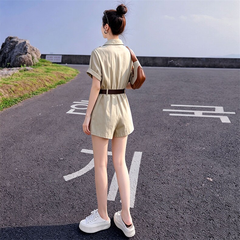 （新款现货）2026夏装时尚莱赛尔天丝棉麻工装连体短裤（配腰带）,女装连体裤,印象茜
