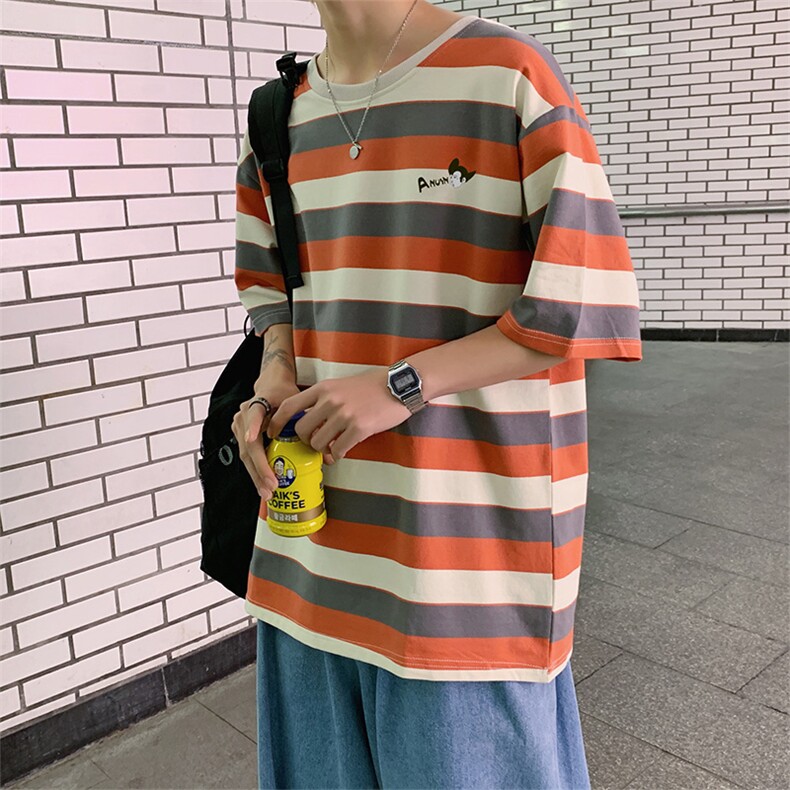 2021港风条纹短袖袖T恤男夏韩版百搭宽松显瘦休闲上衣T100P28,男装T恤,电商D321A