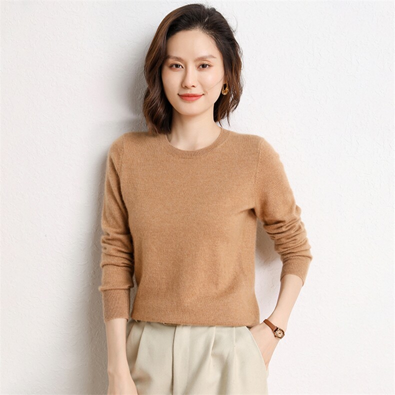 春秋新款纯山羊绒衫女圆领宽松套头毛衣内搭软糯打底针织衫,女装羊绒衫,纳丰羊绒