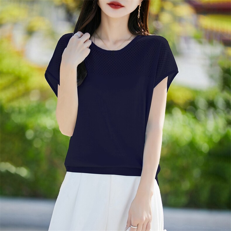 夏季100%天丝镂空针织短袖T恤女气质百搭圆领小飞袖T恤上衣打底薄,针织衫/毛衣,暖烁羊绒