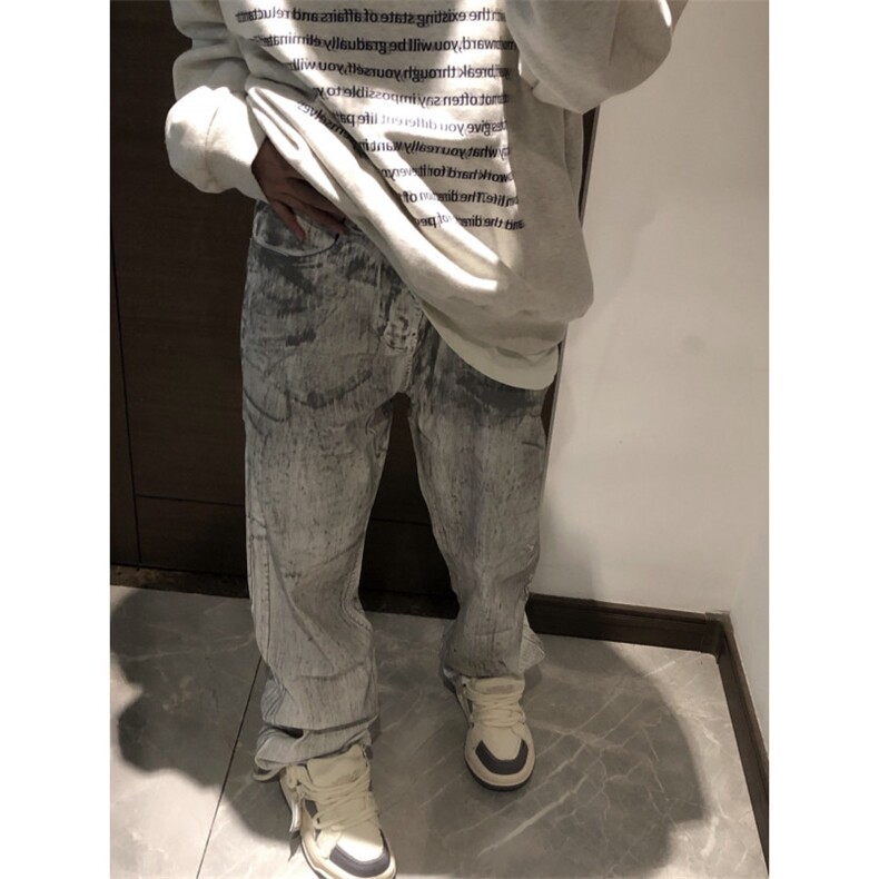 【有货】N1013HH-特P50水墨做旧牛仔裤男白色微喇脏脏裤子,男装牛仔裤,星座1007（原301D）