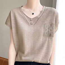 夏季新款竹节麻针织短袖t恤上衣V领设计感洋气休闲显瘦冰丝体恤衫，女装蕾丝衫/雪纺衫，萱芳婷羊绒
