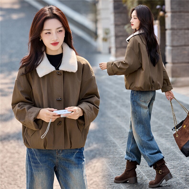 秋冬夹棉外套女2025新款绝美巨好看的韩系休闲短款chic毛领派克服,女装派克服,依如秀(原杭风阁)