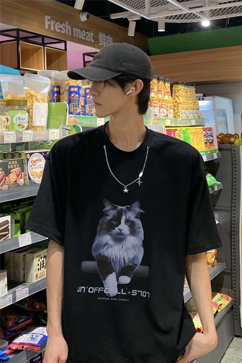 设计感小猫印花短袖T恤男款美式高街情侣半袖1015-T500-P50,男装T恤,四季星座1015
