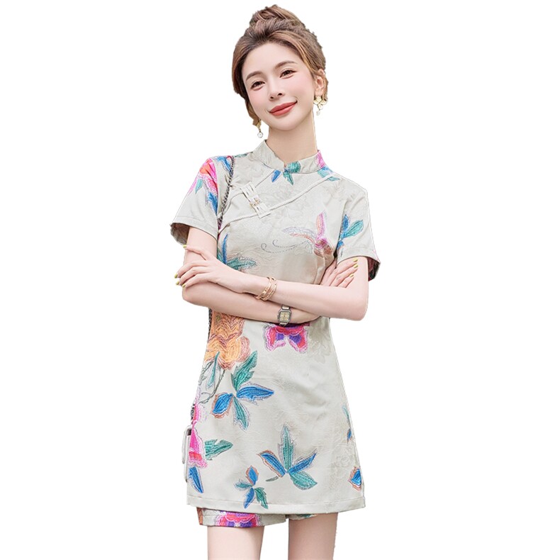改良旗袍连衣裙女夏高级感复古印花新中式国风短裤套装气质两件套,女装套装/套裙,众宇琦