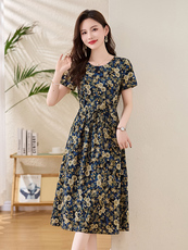 复古印花短袖棉布连衣裙女夏季2025新款时尚气质收腰显瘦碎花裙子，女装连衣裙，姿衣坊