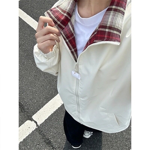 格子拼接立领夹克男秋季美式fitcheck潮牌外套设计感情侣复古上衣图片