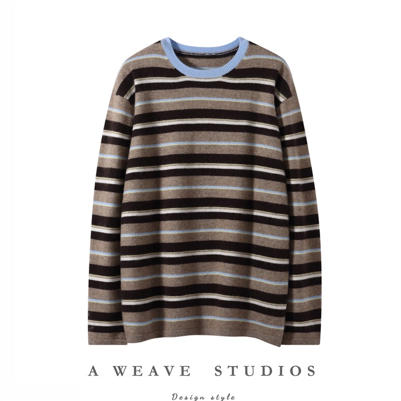 2025秋冬新款舒适百搭圆领条纹宽松羊绒衫，女装羊绒衫，朵暖羊绒