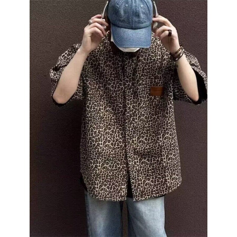 复古豹纹宽松短袖衬衫男夏季新款潮流痞帅高级感衬衣CT16，男装T恤，星座1116A（原606A-3）