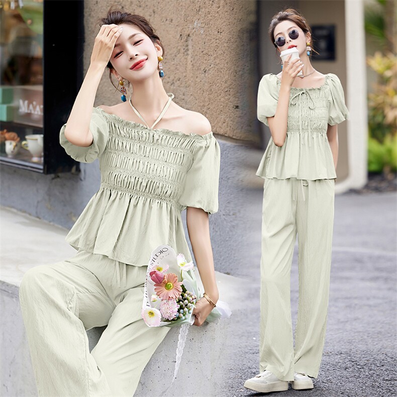 泡泡袖衬衫休闲阔腿裤两件套装女夏高级感时尚洋气气质时尚，女装套装/套裙，韩美纤衣