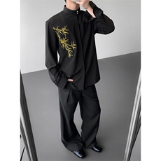 现货25秋冬新中式男士竹叶刺绣重工立领盘扣长袖衬衫cs186-p78，男装衬衫，电商B288