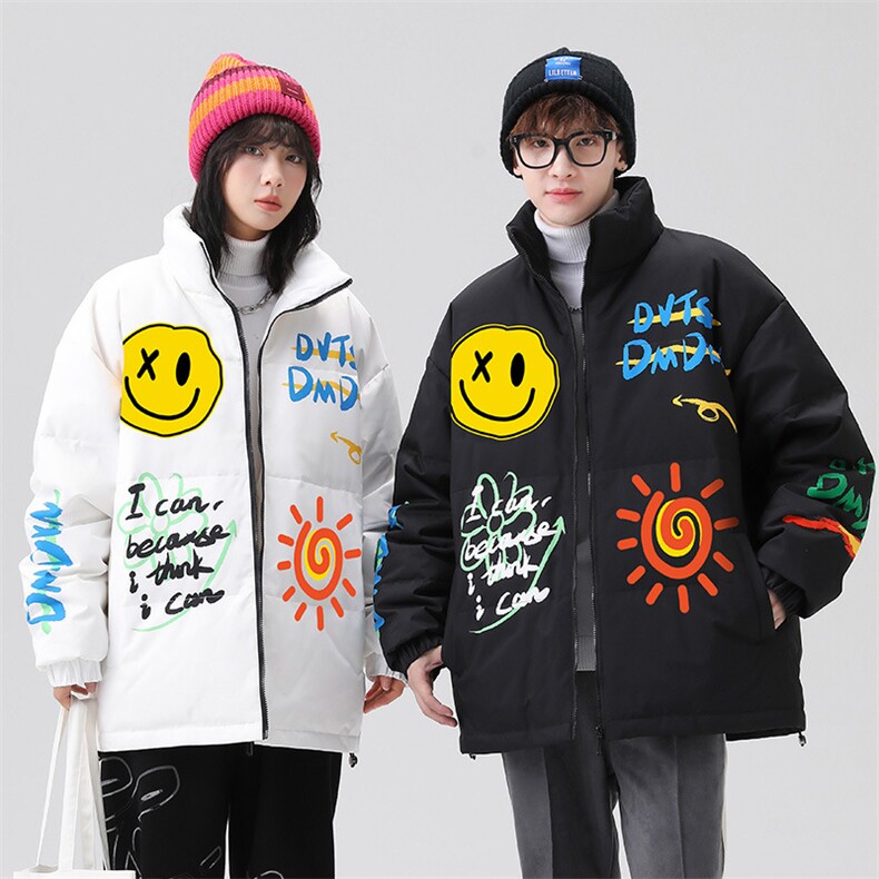 新标白鸭绒羽绒服加厚立领短款青年情侣涂鸦外套女DB6585-P155,男装羽绒服,星座1210A