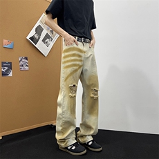 美式街头水洗做旧破洞牛仔直筒宽松欧美高街vibe风N0216-P52，男装牛仔裤，星座308B-2