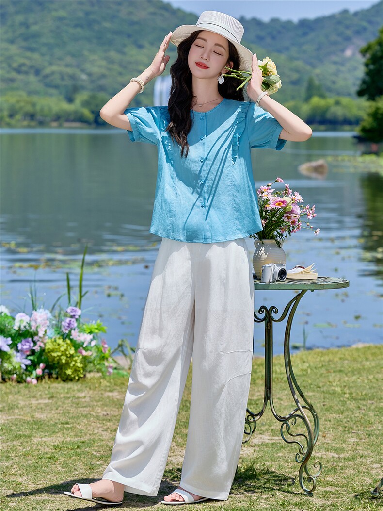 蓝色气质亚麻套装女休闲慵懒风小众设计感两件套木耳边衬衫透气裤,女装套装/套裙,梦懿尔