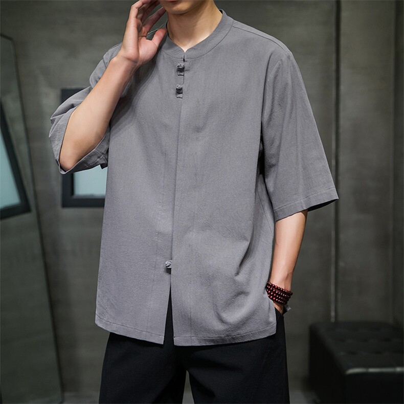 2023风男装盘扣唐装汉服五分袖短袖衬衫A203A-6809，男装T恤，星座815-1（原A203A）