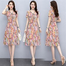 2021年夏季新款雪纺连衣裙长款印花连衣裙，女装连衣裙，欣贝拉