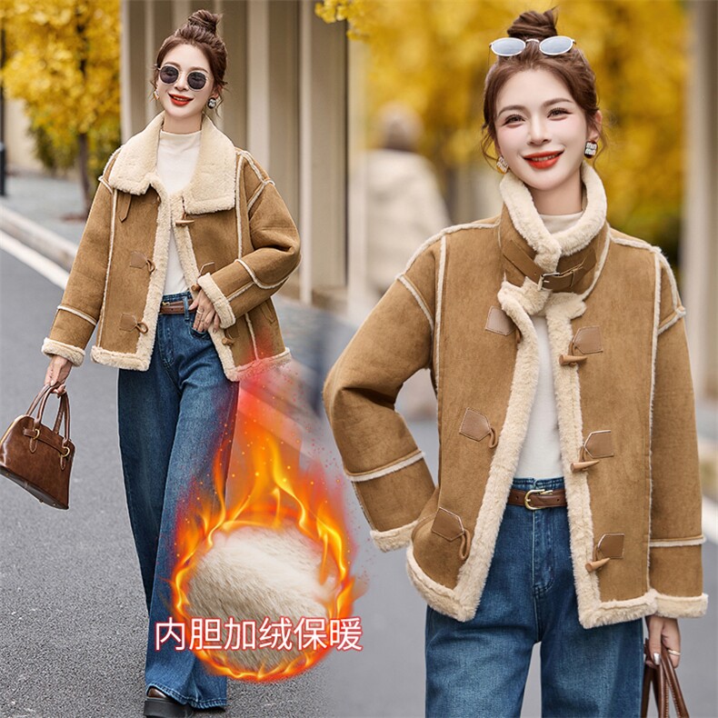 新款牛角扣翻领加绒加厚皮毛一体外套972P145,女装短外套,乐衣轩