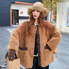 2025冬装新款韩版螺纹拼接羊羔毛加厚短外套女2C325-572P195K298，女装短外套，2C325